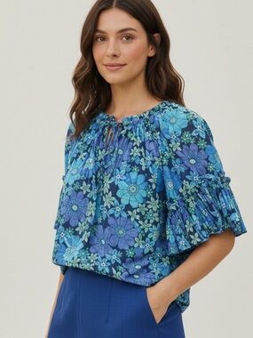 Ramy Brooke Eugenia Blue Green Ruffle Full Sleeve Split Neck Retro Floral Top